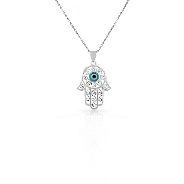 925 Sterling Silver Filigree Womens Blue Evil Eye Hamsa Pendant Necklace White